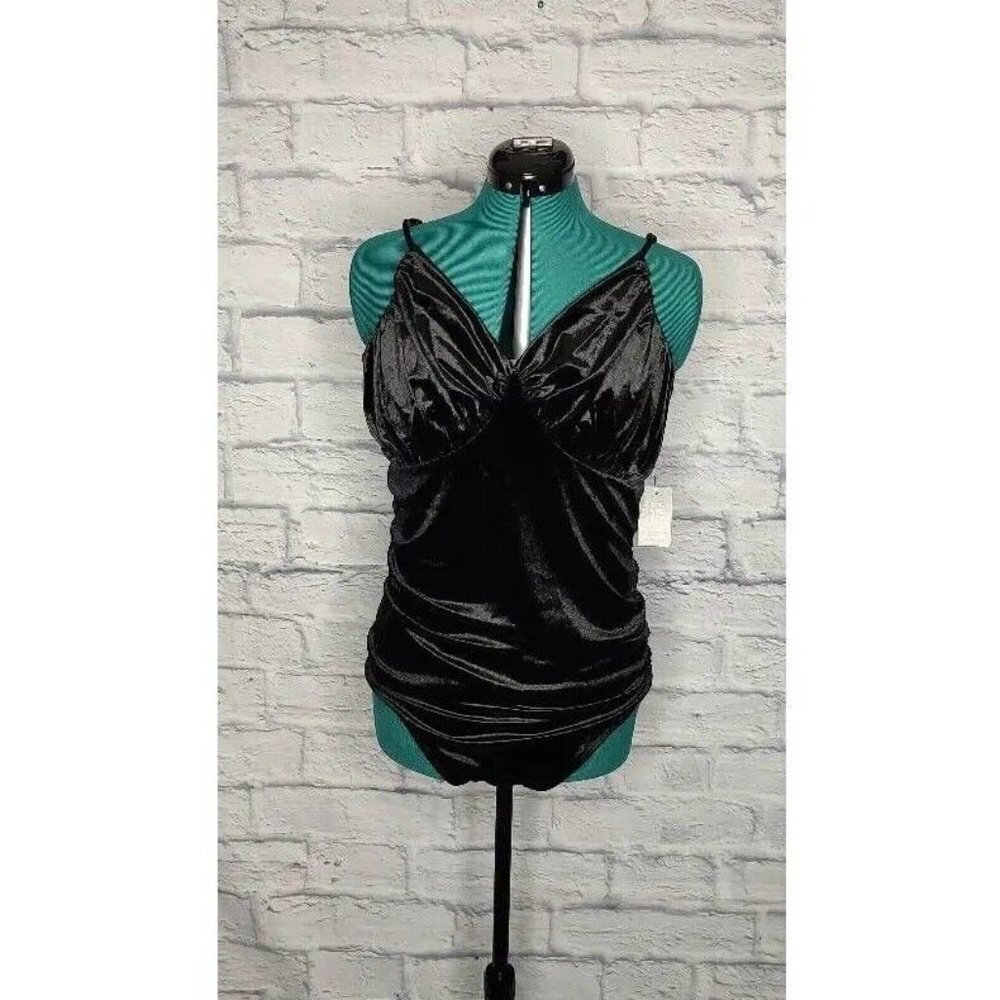 EXPRESS Womens Bodysuit Satin Black Spaghetti Strap V Neck Stretch Ruched L New